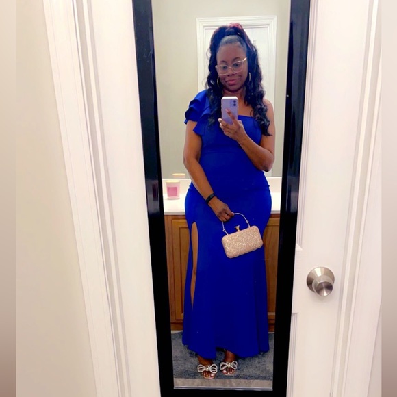 💙 Sleeveless One Shoulder Ruffle High Split Evening Long Formal Dress 💙 - Picture 5 of 6